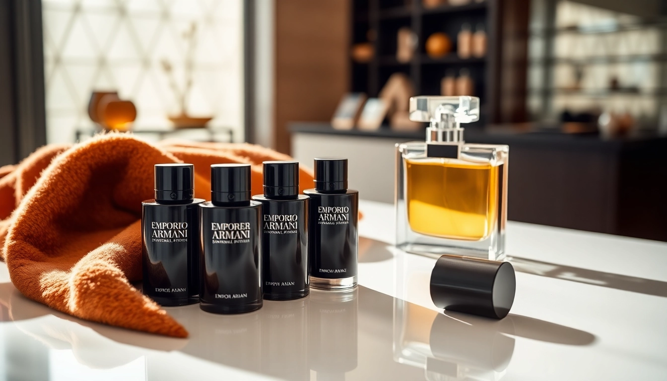 Showcasing emporio armani stronger with you sandalwood perfume samples in a luxurious setting