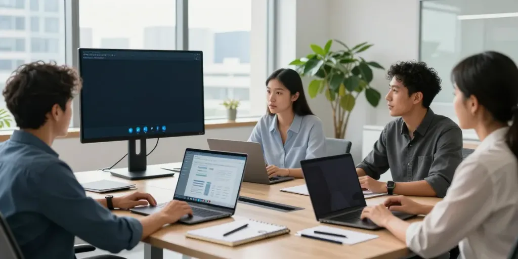 Deepfake-protected meetings in a modern office setting with team collaboration.
