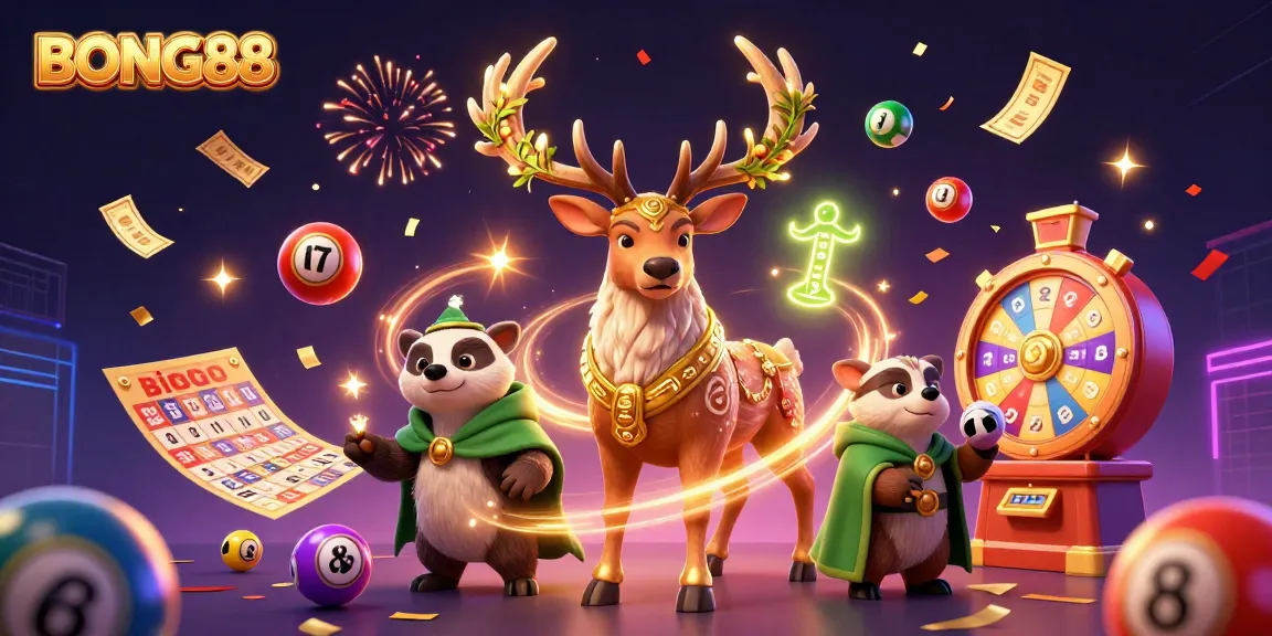BONG88 lottery-themed digital illustration with vibrant colors, showcasing a druid stag, badger in a cloak, and dynamic lottery elements.