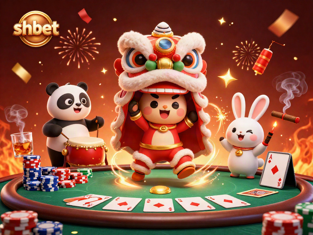Join the festive fun with shbet characters dancing amidst poker tables and vibrant decorations.