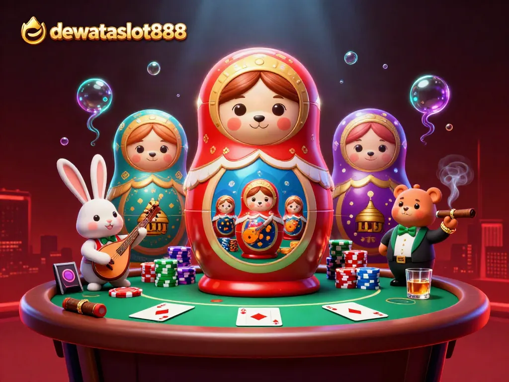 Menggoda dengan dewataslot888 di kasino virtual yang megah, penuh warna dan elemen unik.
