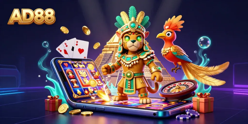 Play thrilling slot games with AD88 featuring vibrant Mayan themes and dynamic casino elements.