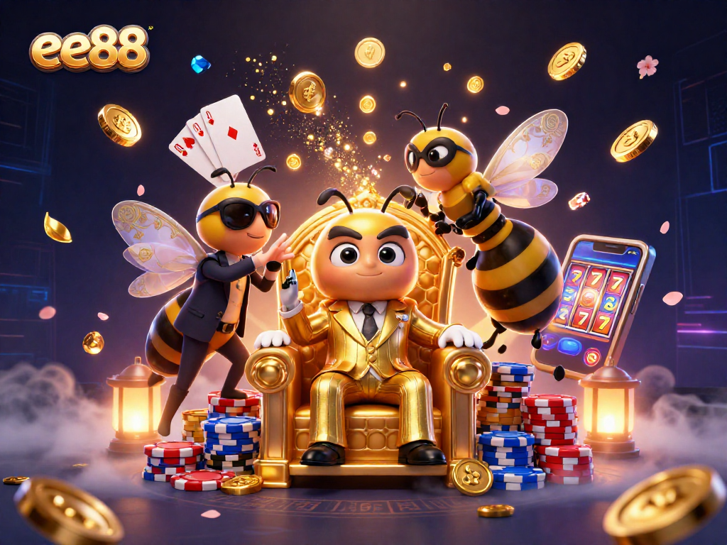 Engage with ee88's vibrant casino world featuring a bumblebee mob boss amidst cascading coins and gold.