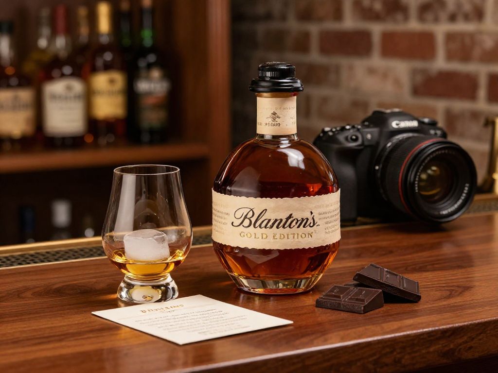 Enjoying Blanton's Gold bourbon in an elegant setting with tasting notes and chocolate.