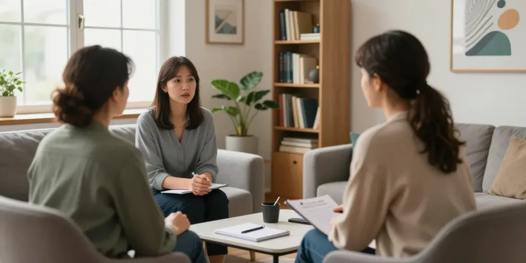 Therapiegespräch über MPU wegen Straftaten in einem modernen Beratungsraum