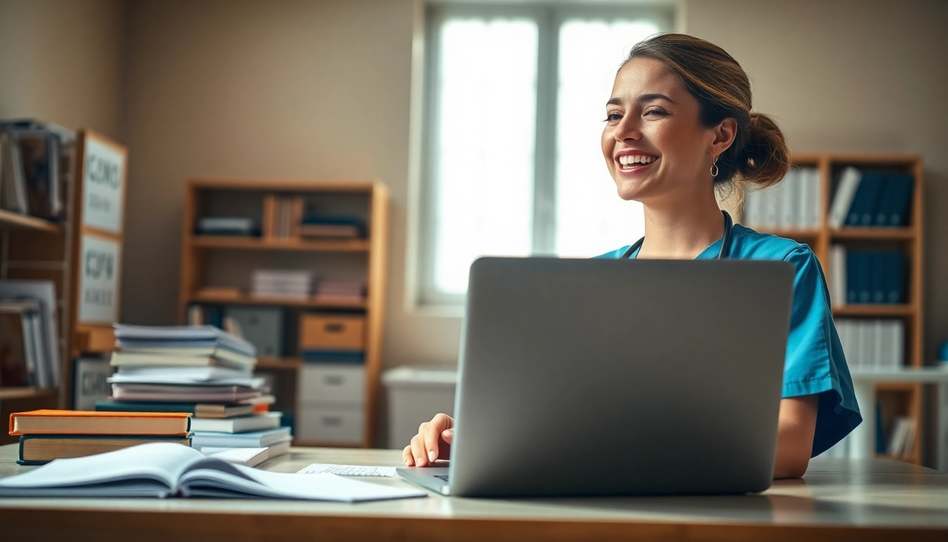 Check Past Nclex fast results on a laptop while a nurse smiles in relief