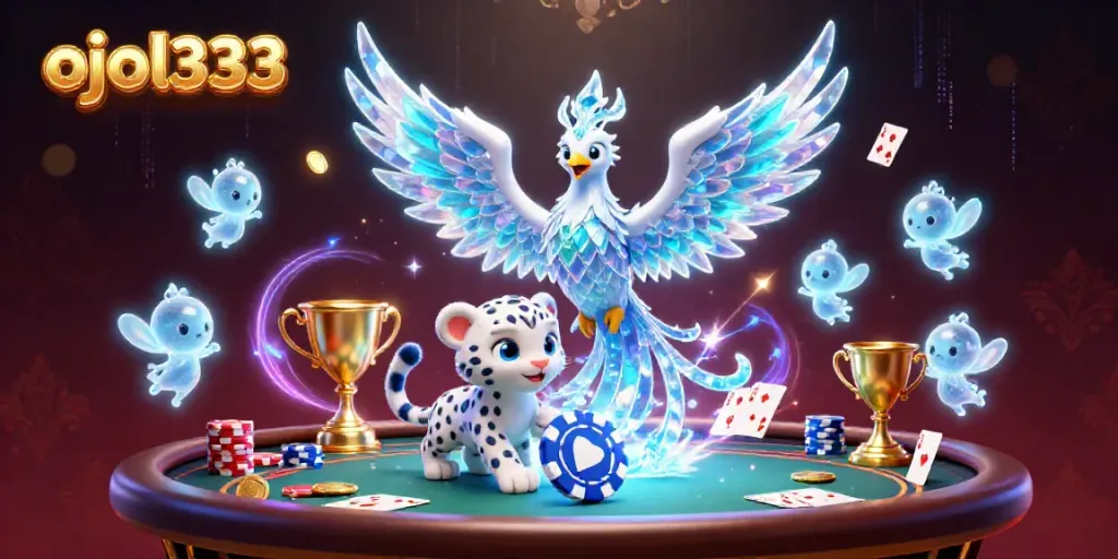Experience the dynamic world of ojol333 with an ice phoenix and snow leopard in a vibrant casino scene.