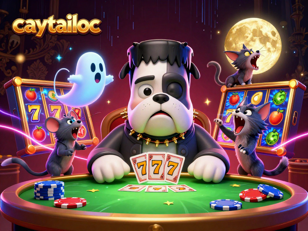 Caytailoc game excitement illustrated with characters dealing cards and floating ghost mouse at a casino.