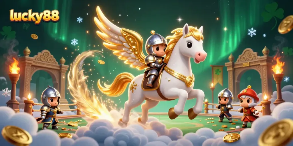 Experience thrilling wins at lucky88 as the celestial horse and knight navigate an enchanting casino scene.