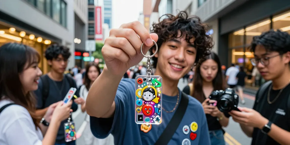 Custom Acrylic Diamond Keychain held by a stylish individual in an urban setting, showcasing unique designs and vibrant colours.