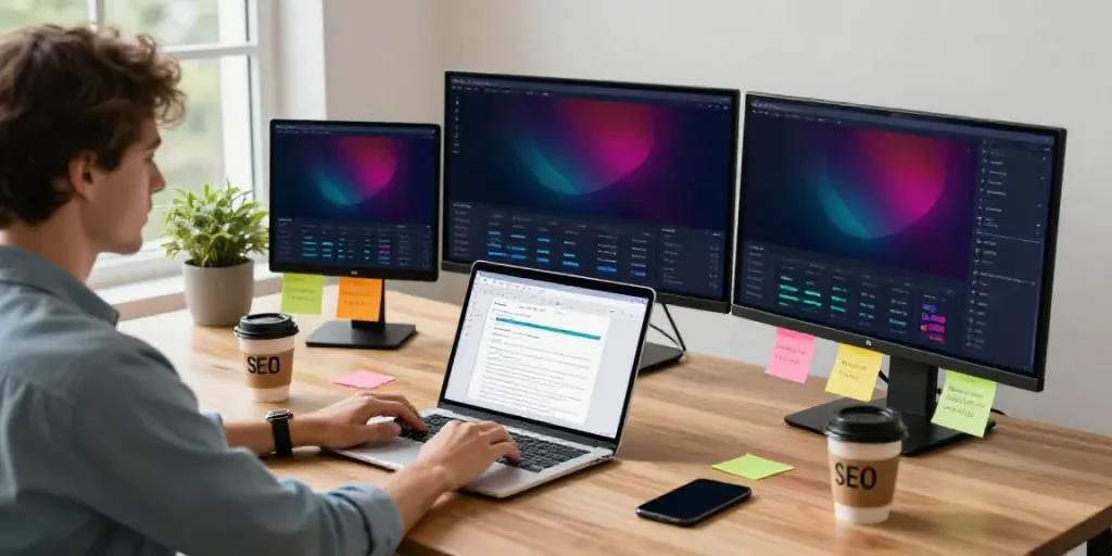 Digital marketing expert optimizing instant indexing strategies in a vibrant workspace.