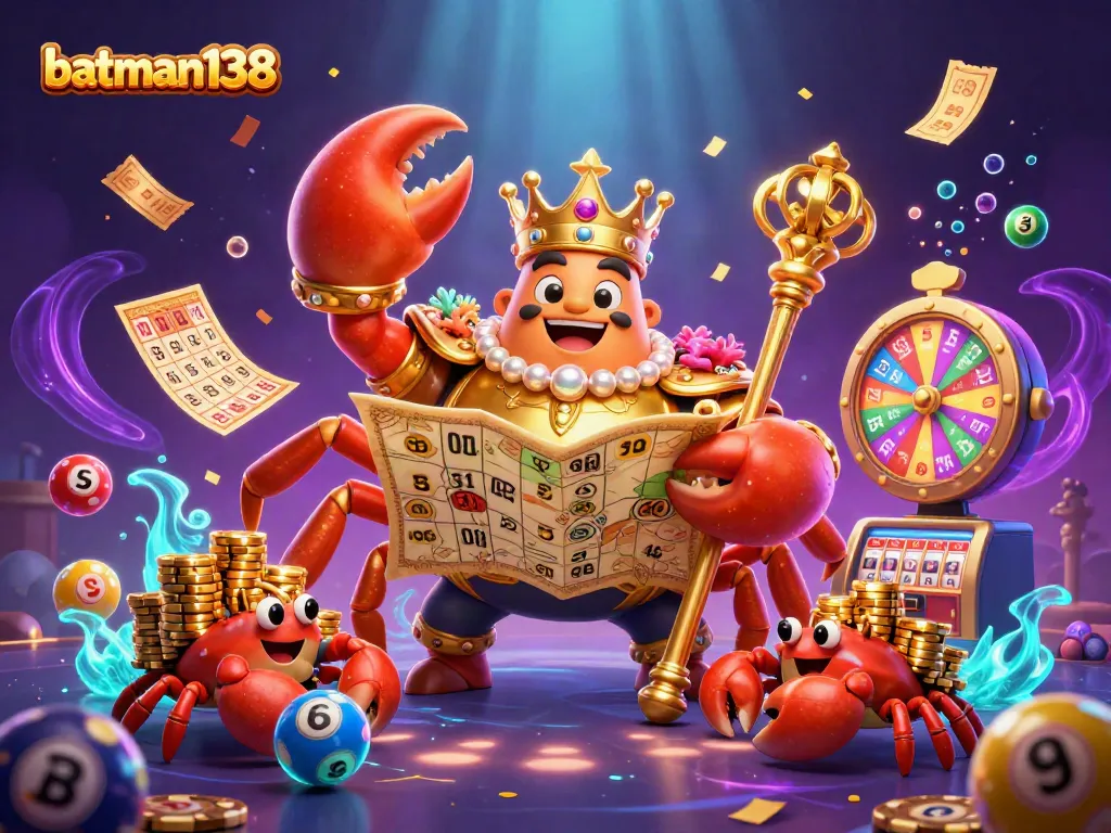 Engage with batman138's thrilling gaming scene featuring a golden crab emperor and treasure-filled lottery elements!
