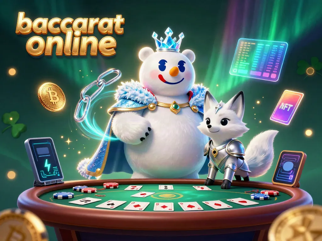 Experience baccarat online with a polar bear king and snow fox in a vibrant casino setting.