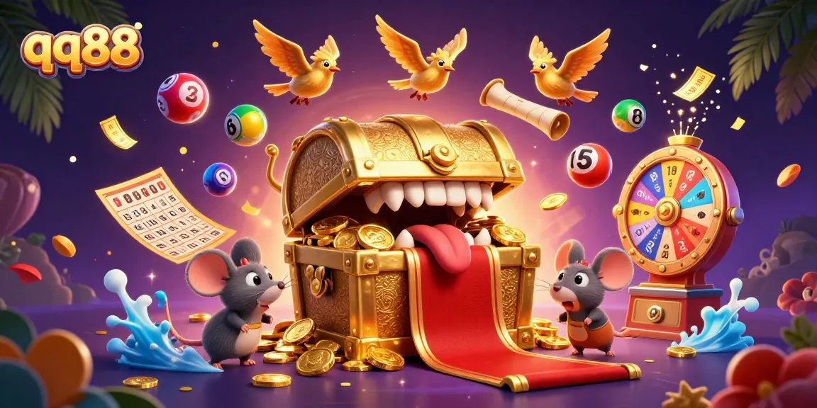 Bet big with qq88 as adventurer mice approach a treasure chest surrounded by colorful lottery balls and a prize wheel.
