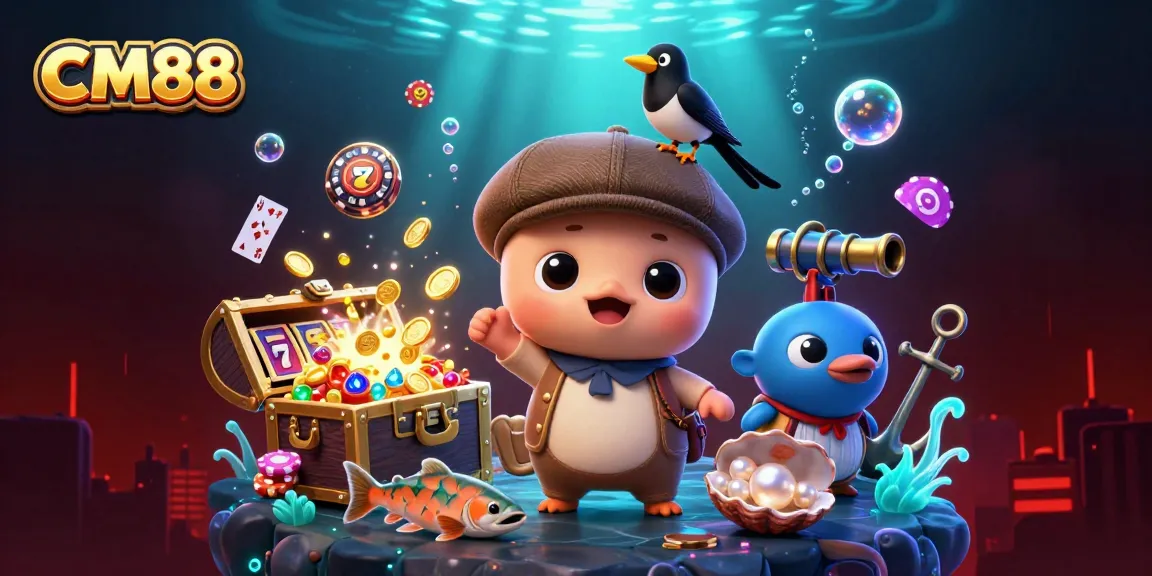 Experience CM88's exciting world of gaming with playful characters and vibrant casino elements.