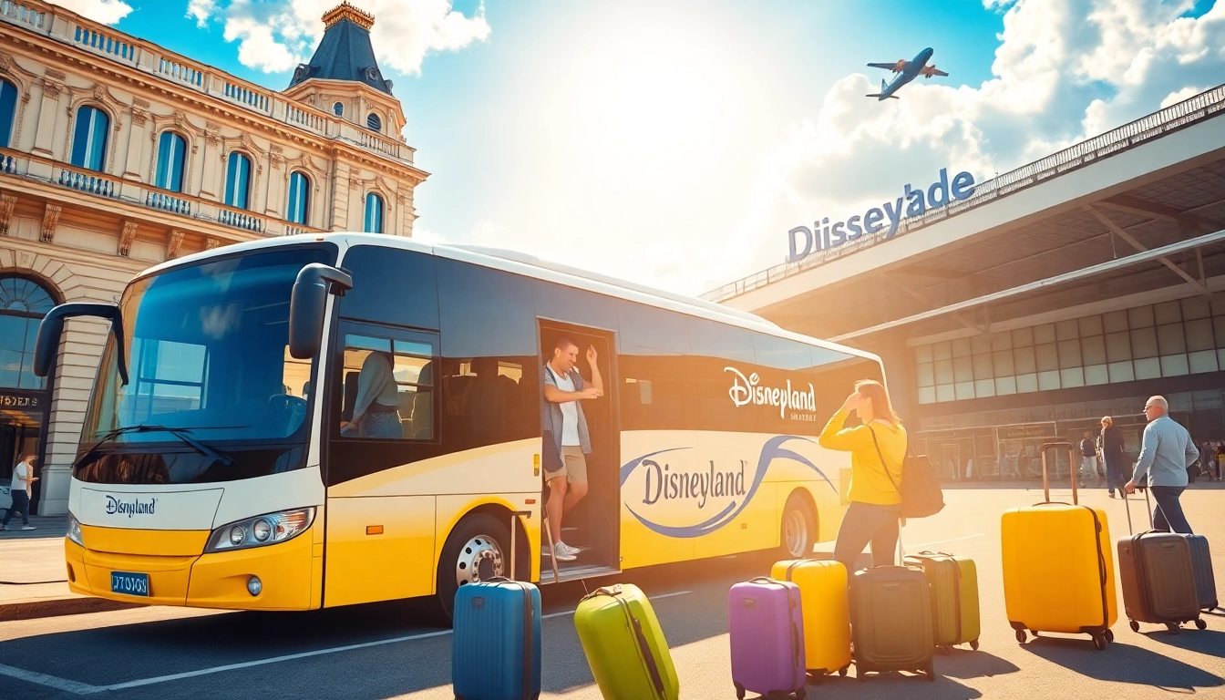 Families boarding transfers from paris airport to disneyland shuttle bus at the airport.