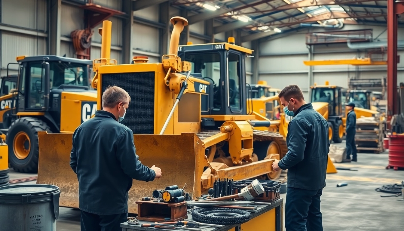 Technicians performing equipment service on a bulldozer in an industrial setting.