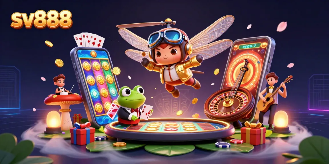 Experience exciting winnings at SV888 with a vibrant casino illustration showcasing dynamic characters and elements.