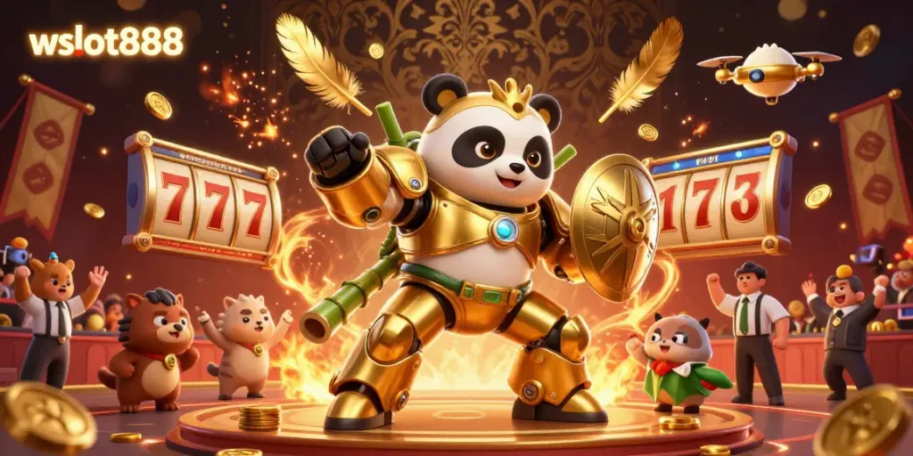 Wslot888 menghadirkan slot gacor dalam ilustrasi pertarungan robot panda berlapis emas di arena, penuh simbol keberuntungan yang menggoda.