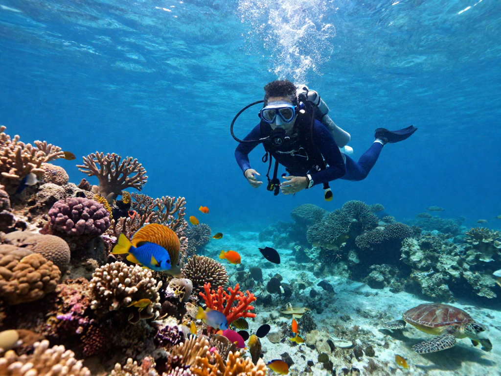 Diver swimming among colorful coral reefs, showcasing the kelincilaut species in a vibrant underwater world.