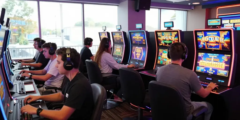 Players enjoying slot server thailand games at a vibrant online casino setup with colorful displays.