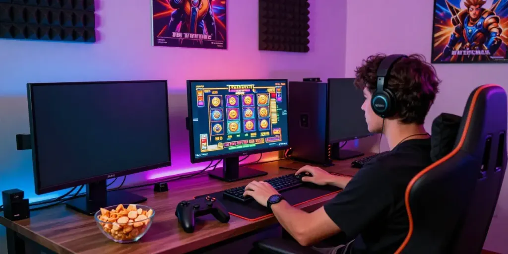 Person enjoying a thrilling สล็อตเว็บตรง gaming experience with vibrant LEDs and gaming setup.