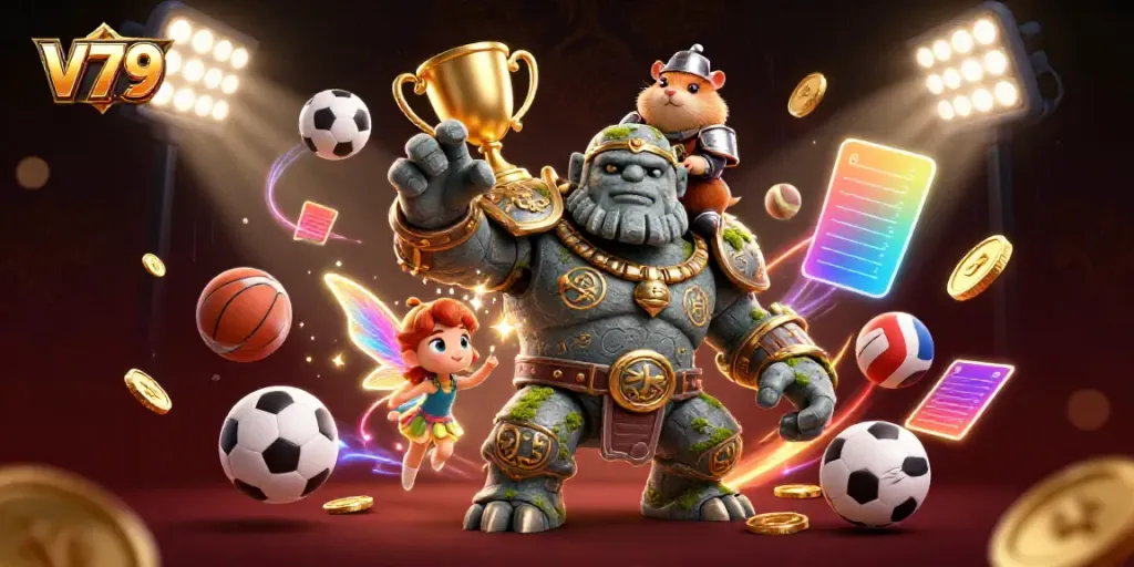 Experience the excitement of V79 with a magical stone golem, fairy, and hamster knight amidst casino-themed elements.