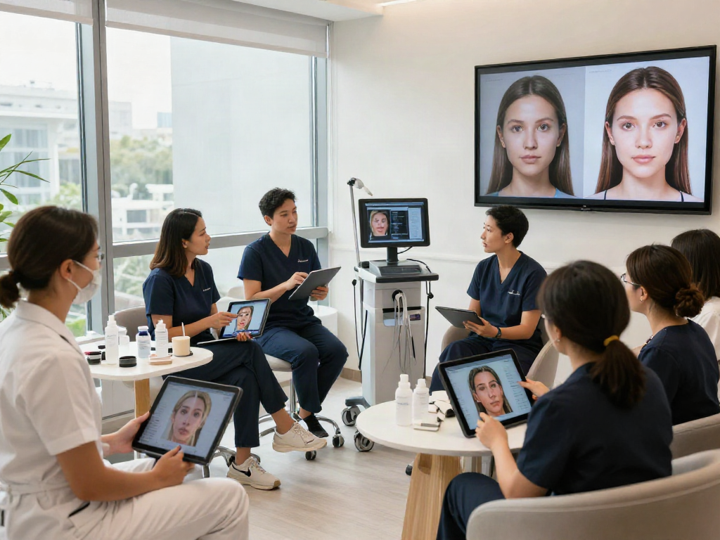 Collaboration between professionals analyzing facial aesthetics using ClinicEvo vs QOVES technology in a modern clinic.