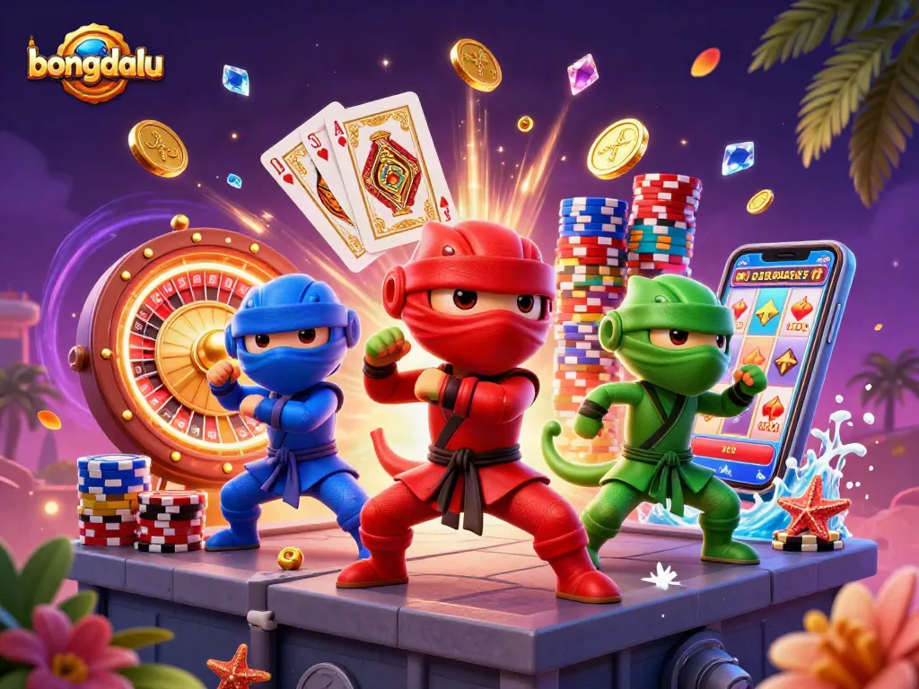Bongdalu showcases a team of ninja chameleons battling while golden coins cascade, representing exciting online sports betting.