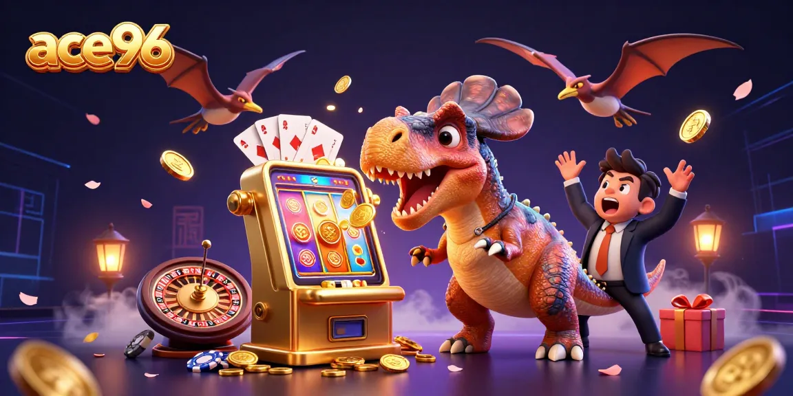 ace96 pachycephalosaurus headbutting a slot machine, with a panicked ankylosaur and flying coins