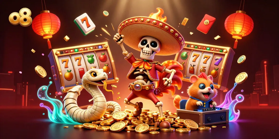 o8 brings excitement as a mariachi rooster celebrates amidst golden coins and slot game elements.