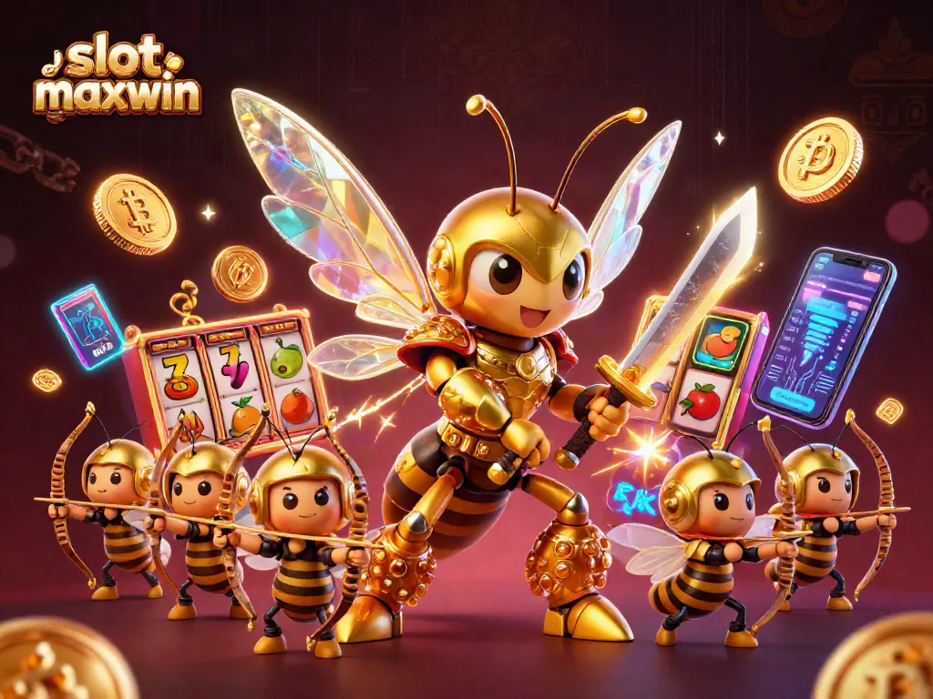Slot gacor maxwin menampilkan hornet emas berarmor samurai di kasino penuh elemen permainan.