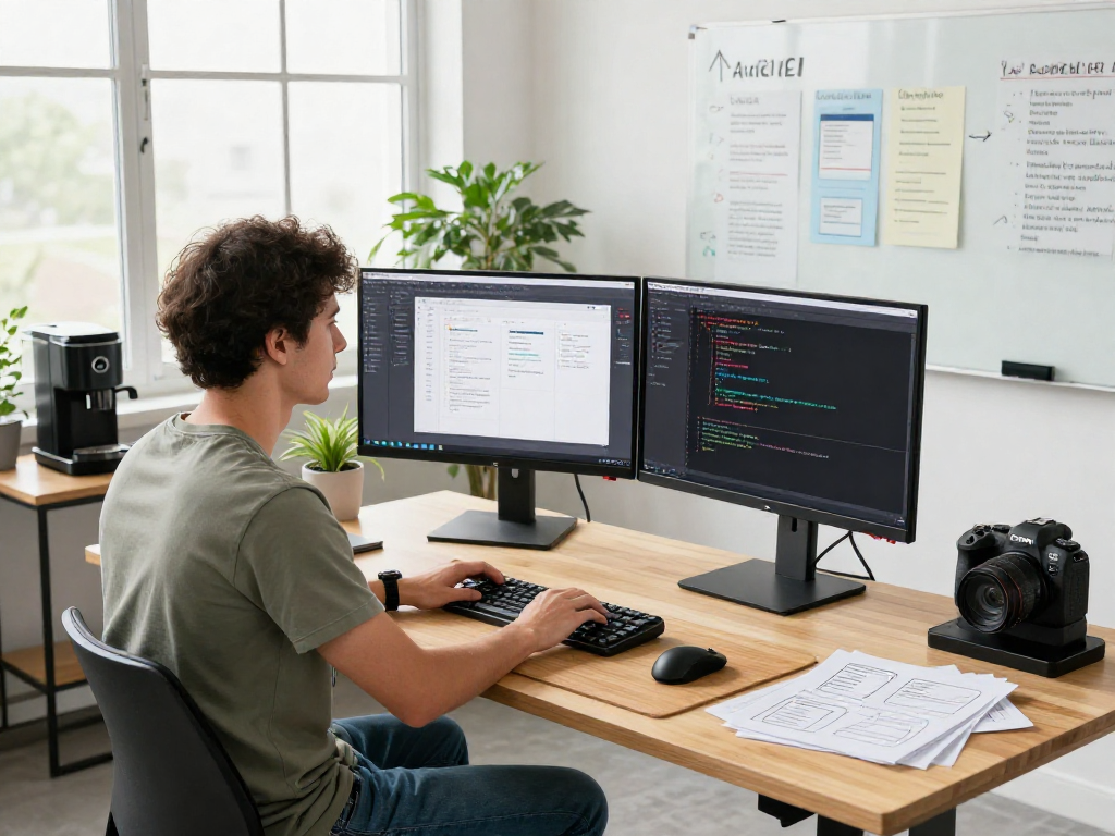 Software engineer coding at a modern workspace focusing on net88 application design and development.