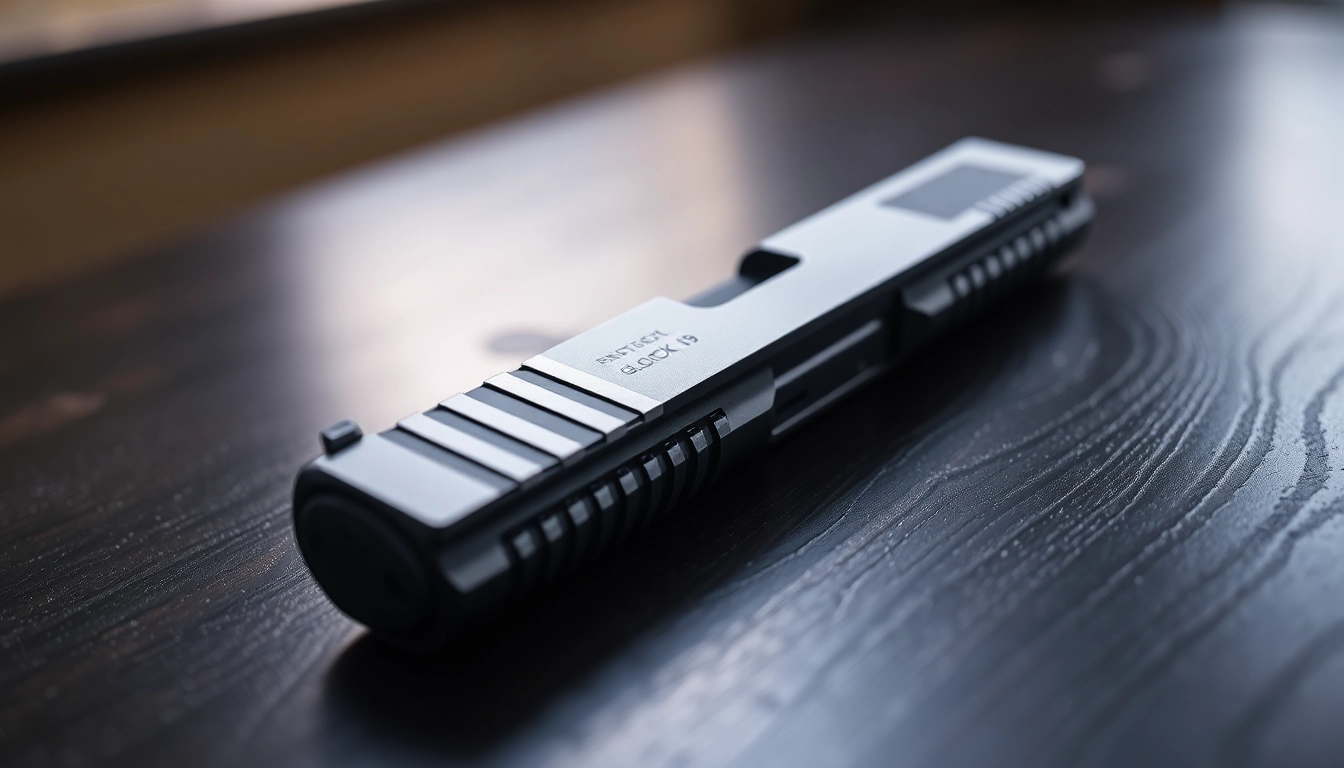Showcase Glock 19 Gen 3 OEM slide on a wooden table, highlighting premium quality.