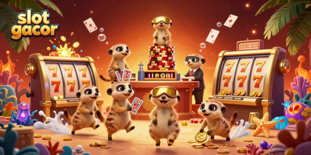 Experience the thrill of slot gacor with playful meerkats managing a buzzing casino operation.