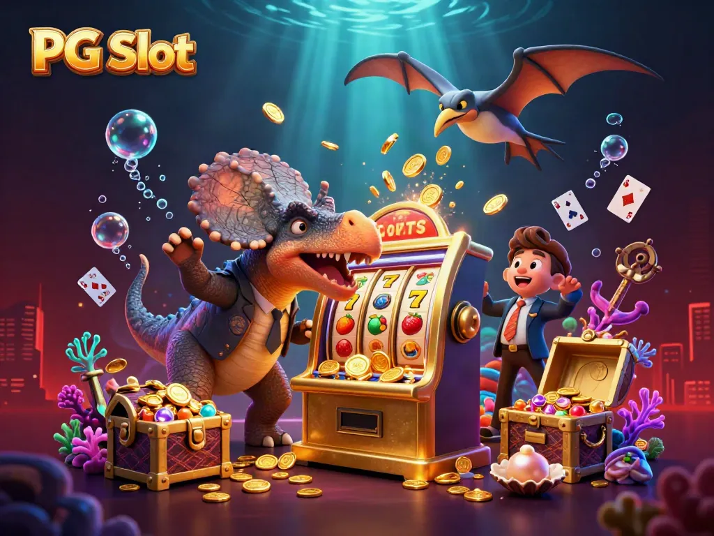Slot PG yang emocionante di ilustrasi, menampilkan pterosaurus dan mesin slot.