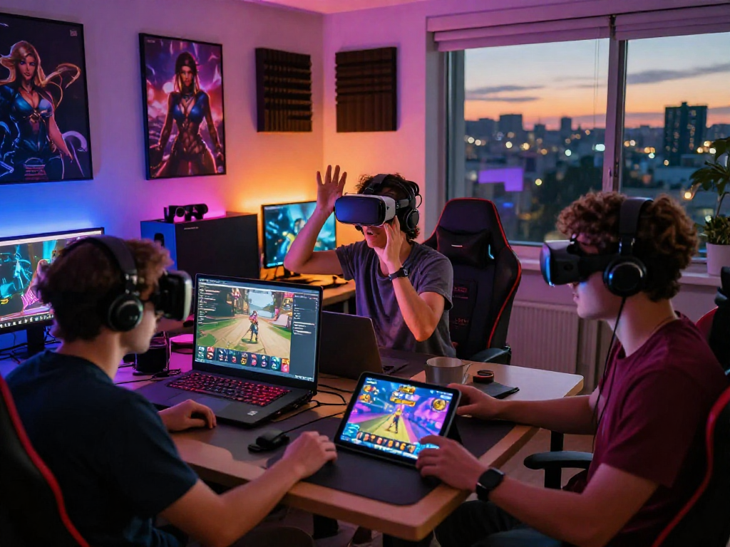 Engaging scene of adult gamers playing sex games on multiple devices in a cozy gaming room atmosphere