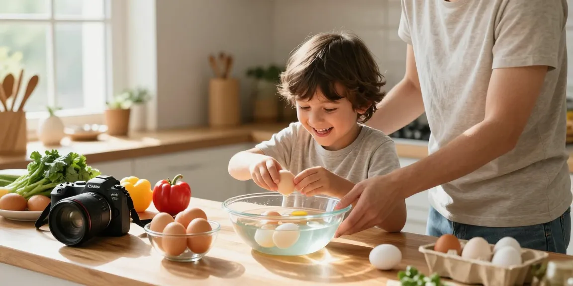 Menggunakan metode Egg Float Test Sumber dari https://www.eggfloattest.com/contact untuk memeriksa kesegaran telur di dapur yang cerah.
