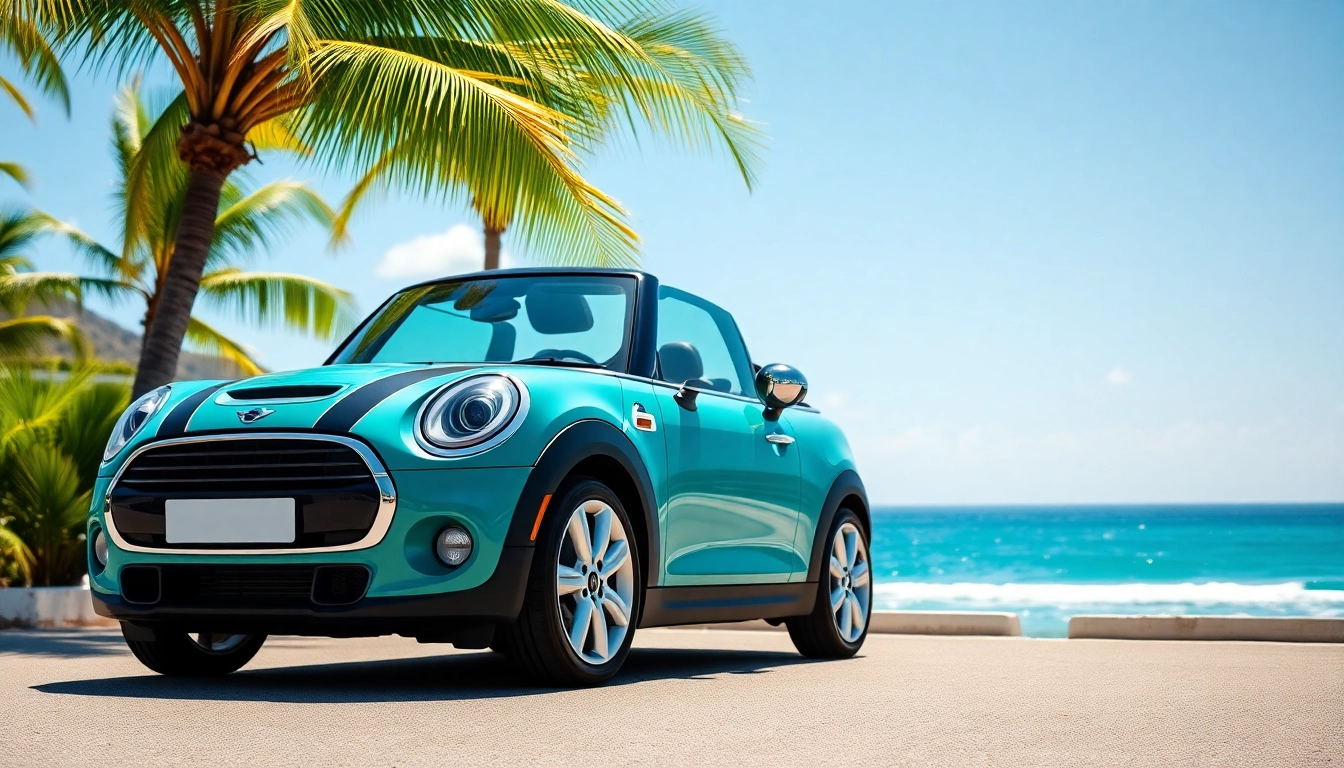 Rent a Mini Cooper Convertible St Barts against a beautiful coastal backdrop.