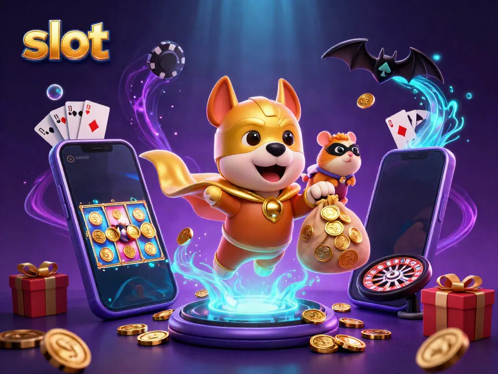 Slot permainan yang menampilkan anjing superhero dan hamster bersaing membawa koin emas