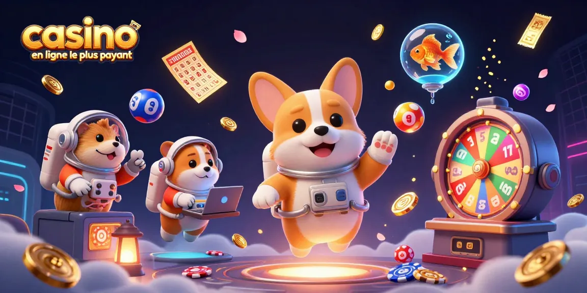 Illustration dynamique d'un corgi astronaute dans un casino spatial, mettant en avant casino en ligne le plus payant.