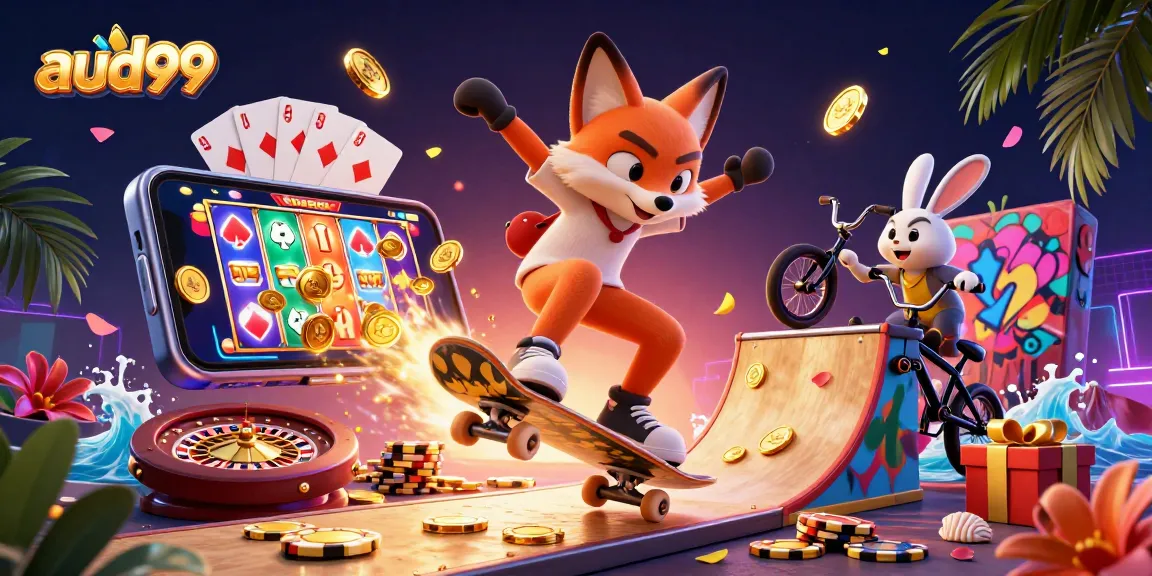 A vibrant 3D illustration of the aud99 theme featuring a skateboarder fox and BMX-riding rabbit, surrounded by casino elements.