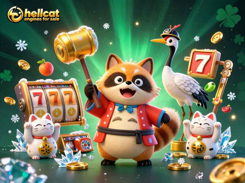Win big with hellcat engines for sale in a vibrant casino scene filled with lucky symbols.