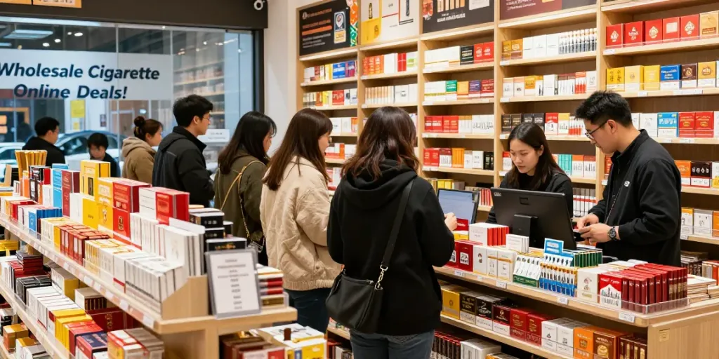 People exploring wholesale cigarette online offers in a vibrant tobacco shop.