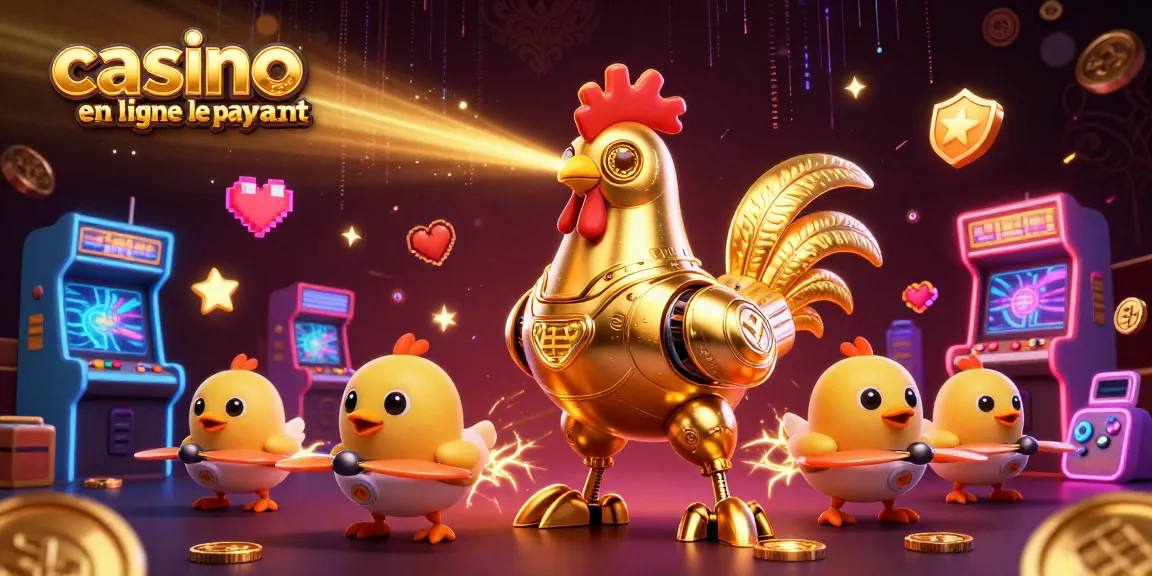 Le casino en ligne le plus payant présente un robot coq doré futuriste avec des drones poussins dans un décor animé et coloré.