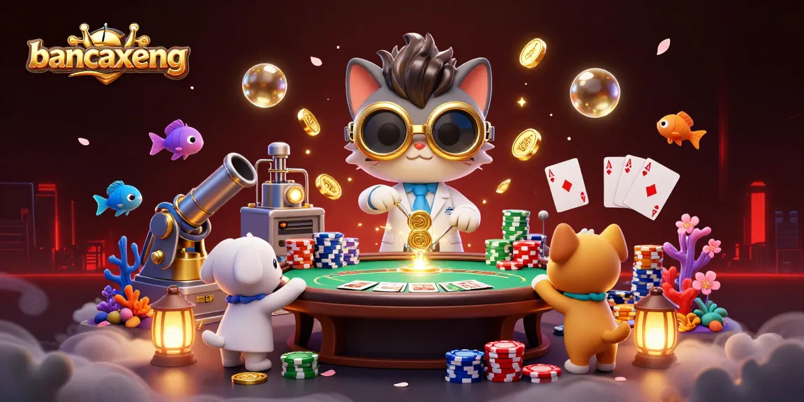 Bancaxeng fish shooting game illustration with a dynamic scene featuring a mad scientist cat and loyal dog.