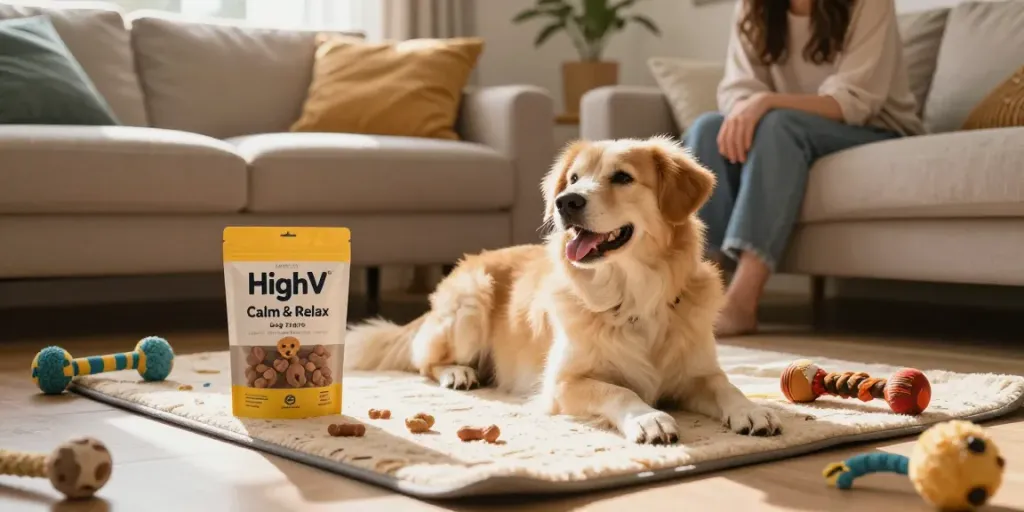 Calming Dog Treats enhancing a happy dog's relaxation in a cozy home.