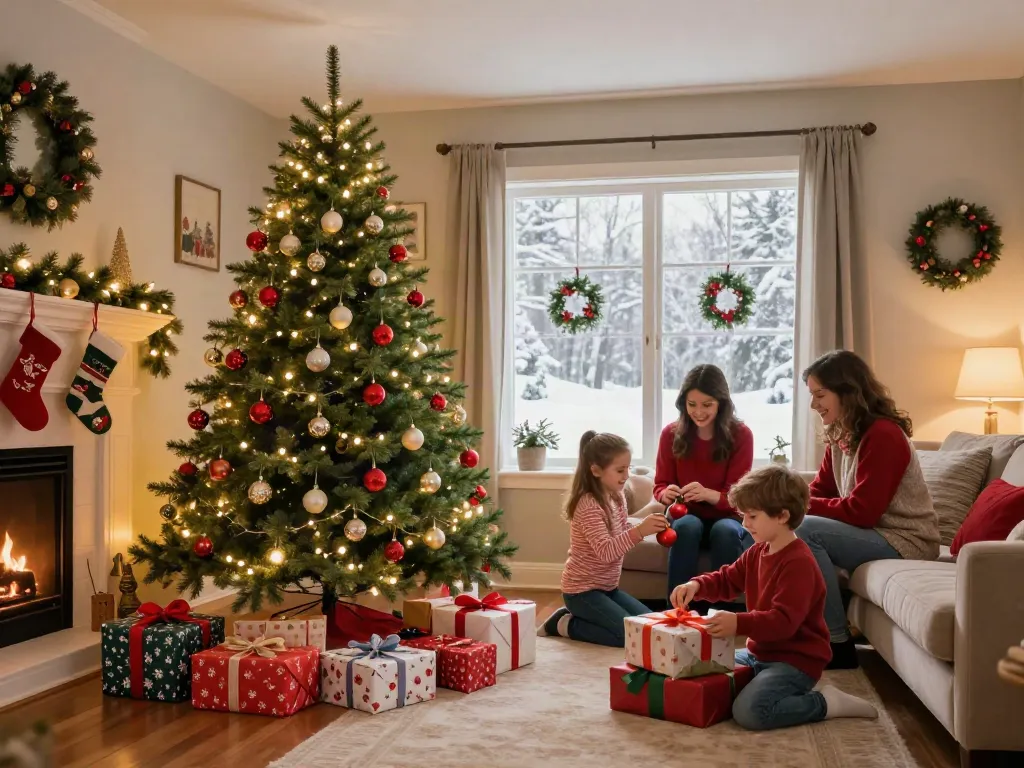 Beautiful slim Christmas tree decorated with lights and ornaments in a cozy living room.
