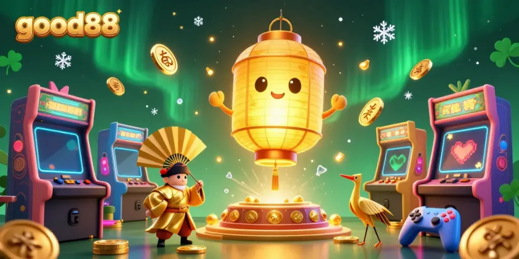 Experience vibrant gaming action at good88 with a 3D illustration of lucky symbols and arcade games.