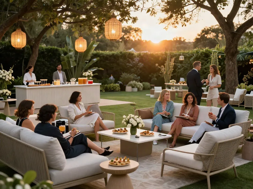 Event furniture rental for an elegant outdoor gathering featuring stylish sofas and chairs in a garden setting.